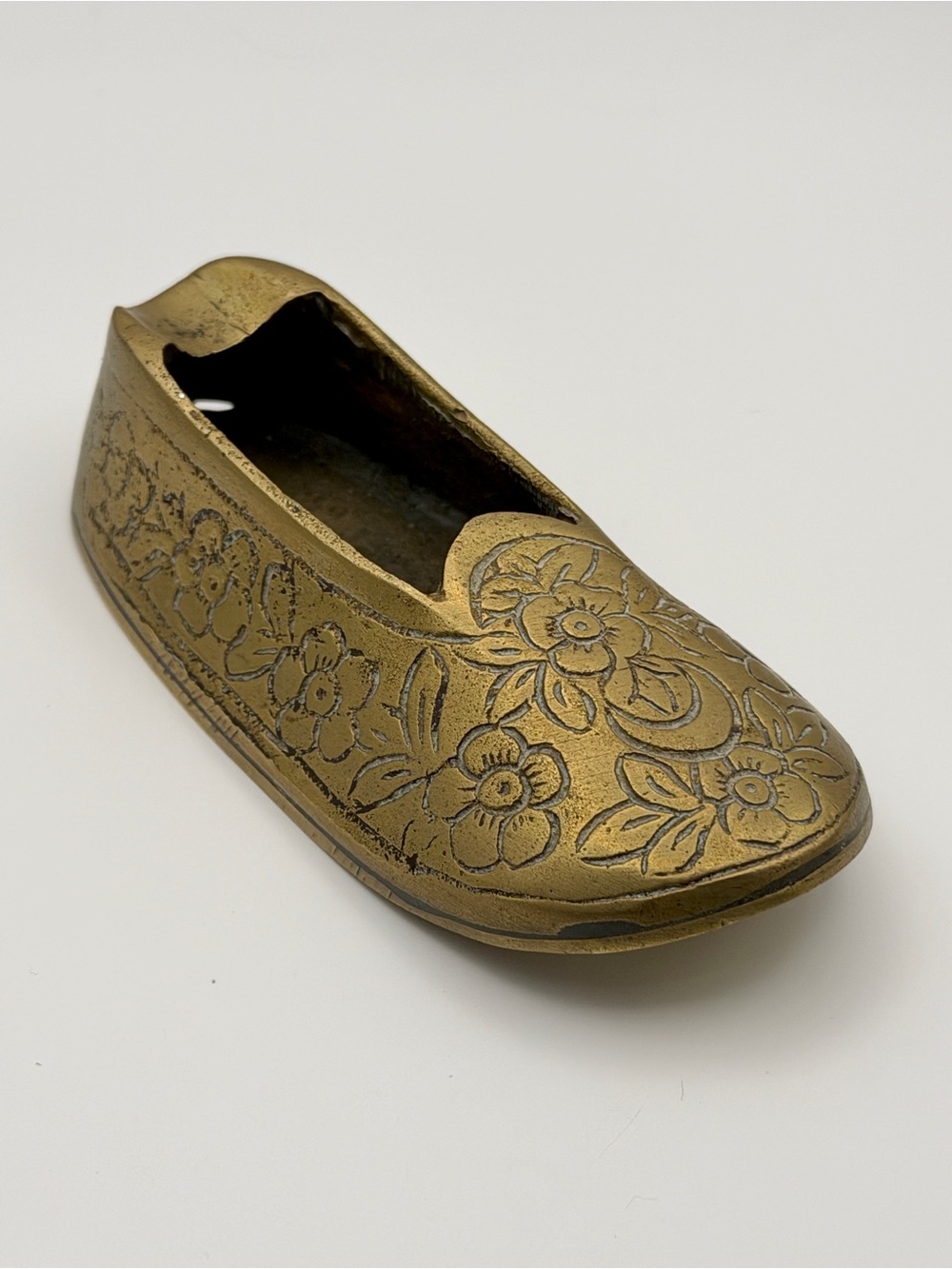 Vintage Brass Slipper Ashtray Hand Etched Ankara Turkey Mid Century Trinket Dish